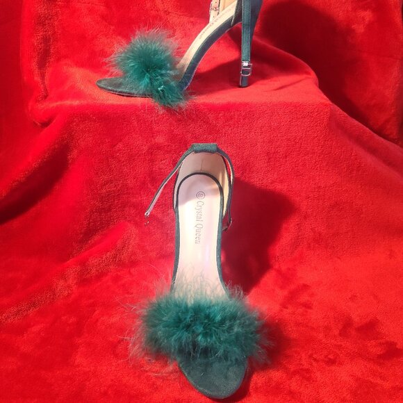 Crystal Queen Kelly Green Suede Open Toe Feather Ankle Strap Heels Size 40 - Picture 9 of 9